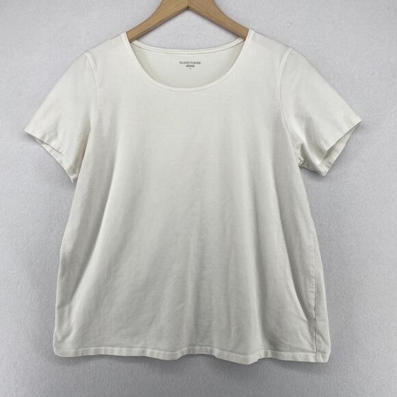 EILEEN FISHER Top L Organic Cotton Stretch Jersey Short Sleeve Off White USA - Picture 1 of 11